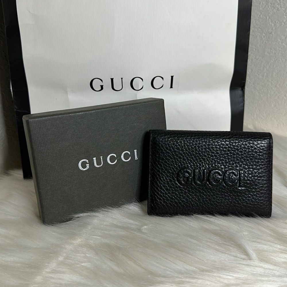 Gucci Black Pebbled Leather Card Holder Wallet ID Window with Box